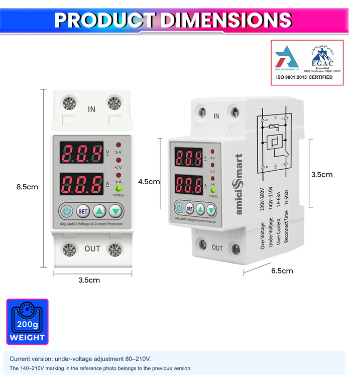 amiciSmart white 63A voltage protector — dimensions and weight