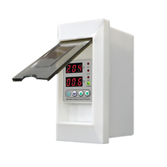 amiciSmart white 63A voltage protector with protective mount — hero with mount
