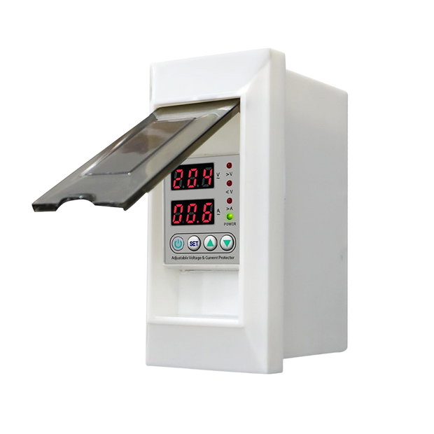 amiciSmart white 63A voltage protector with protective mount — hero with mount