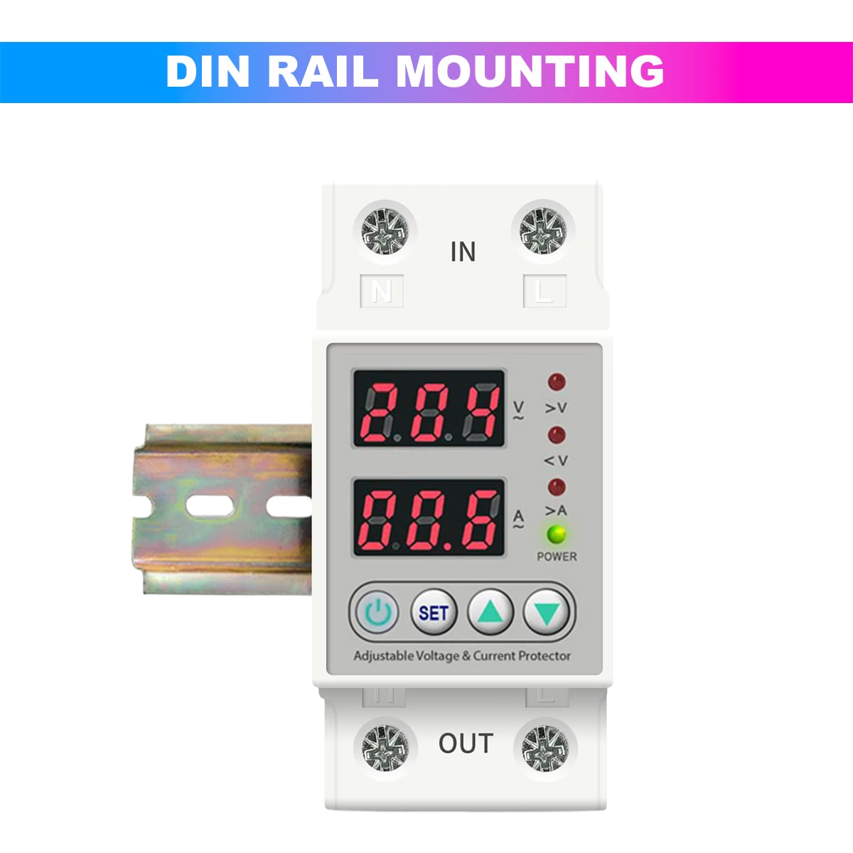 amiciSmart white 63A voltage protector with protective mount — din rail mounting