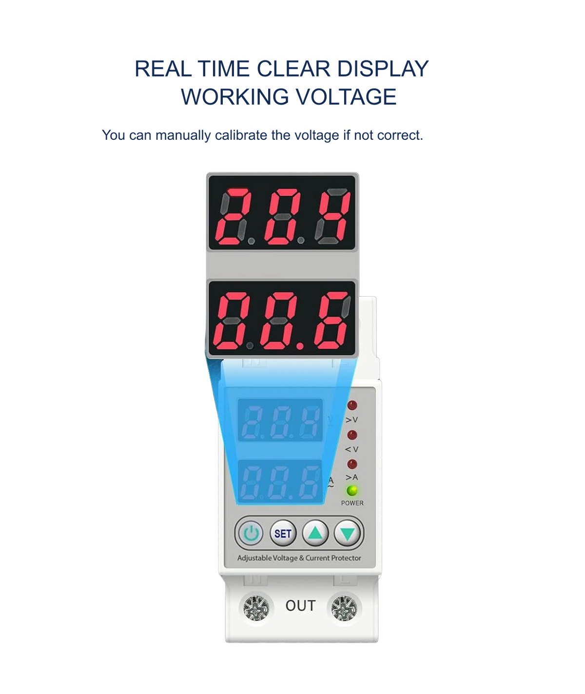 amiciSmart white 63A voltage protector with protective mount — live display