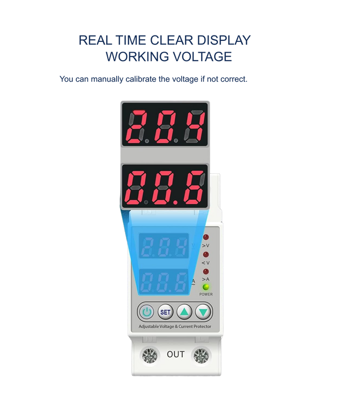 amiciSmart white 63A voltage protector with protective mount — live display