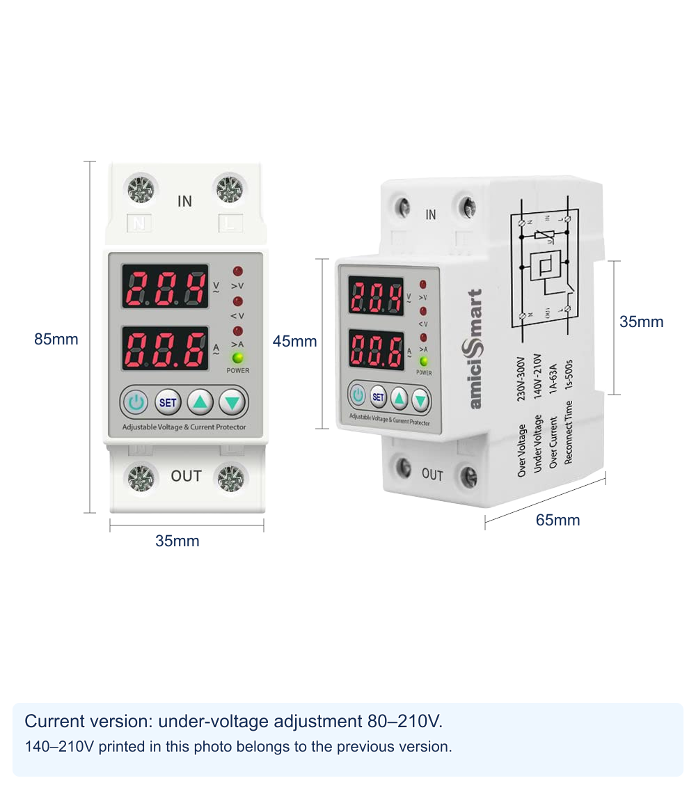 amiciSmart white 63A voltage protector with protective mount — device dimensions