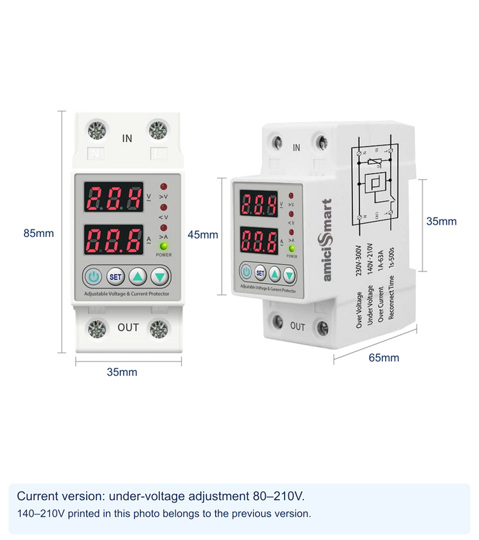 amiciSmart white 63A voltage protector with protective mount — device dimensions