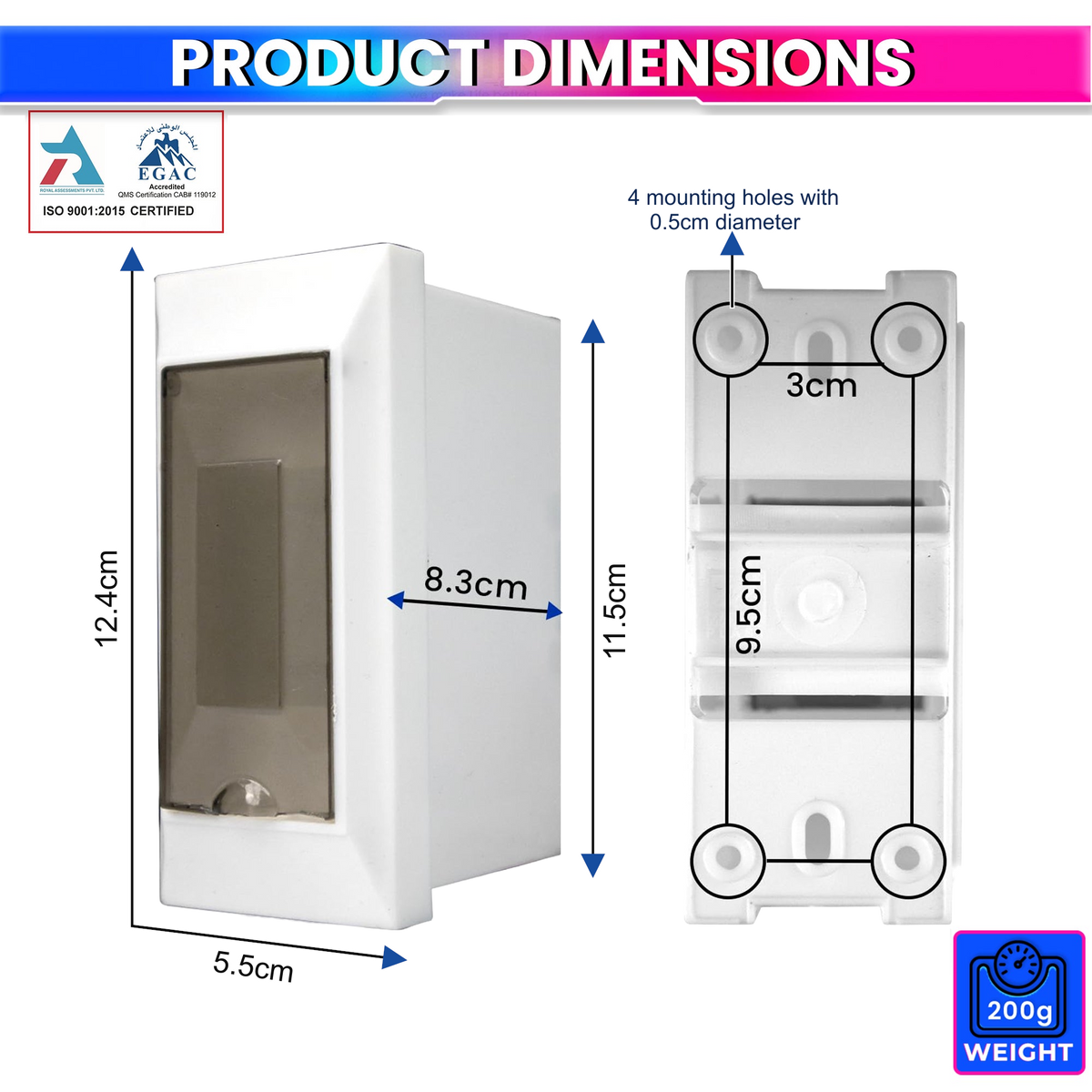 amiciSmart white 63A voltage protector with protective mount — mount dimensions
