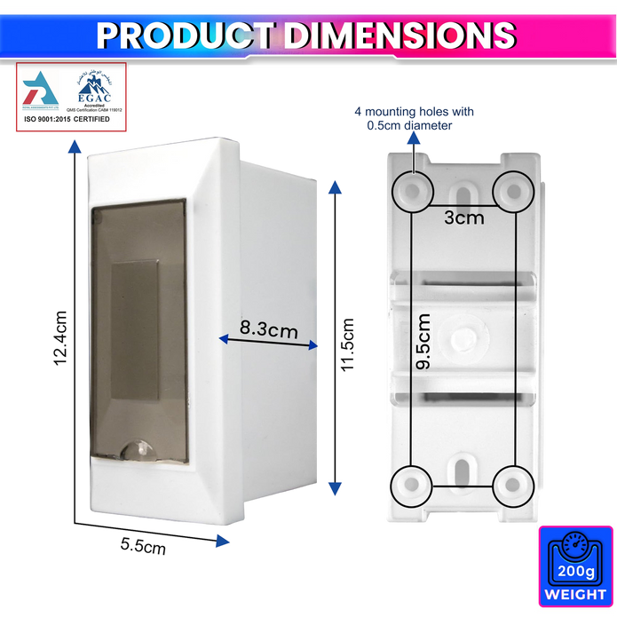amiciSmart white 63A voltage protector with protective mount — mount dimensions