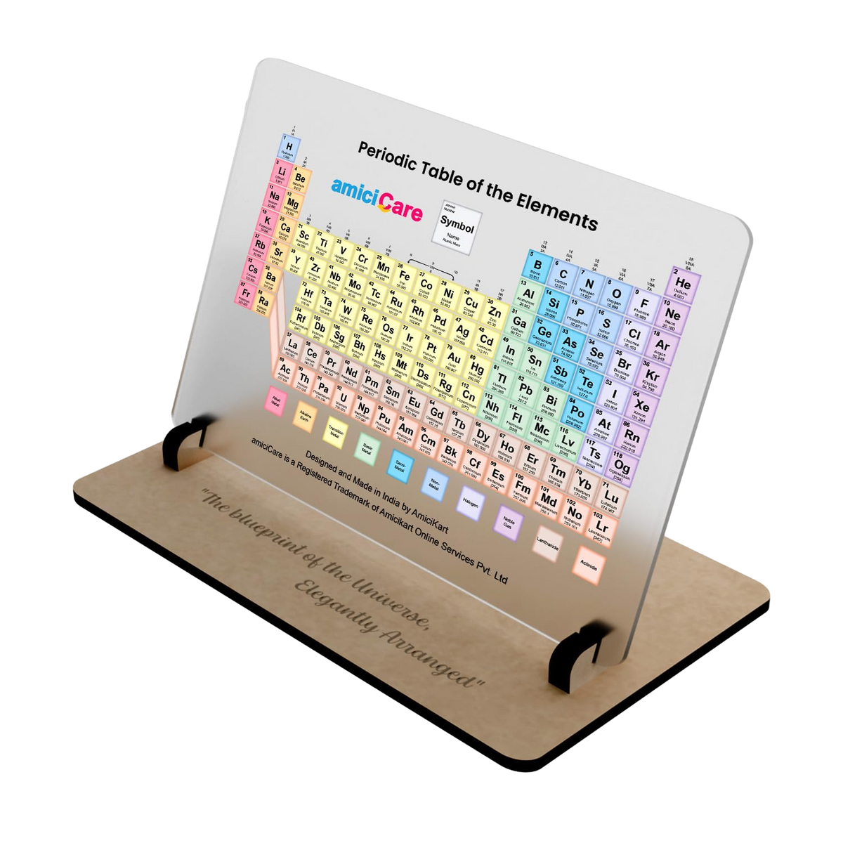 amiciCare acrylic periodic table display with wooden stand, angled view