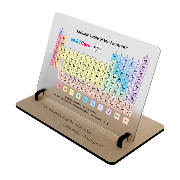 amiciCare acrylic periodic table display with wooden stand, angled view