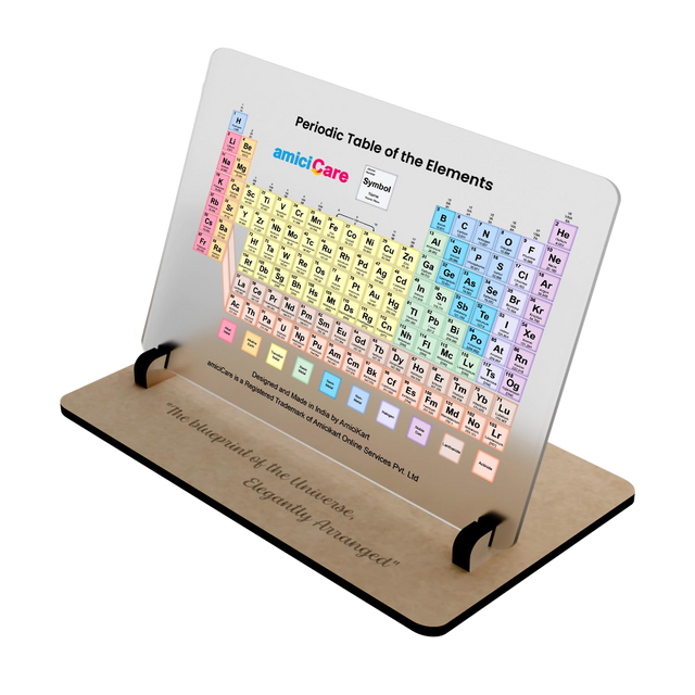 amiciCare acrylic periodic table display with wooden stand, angled view