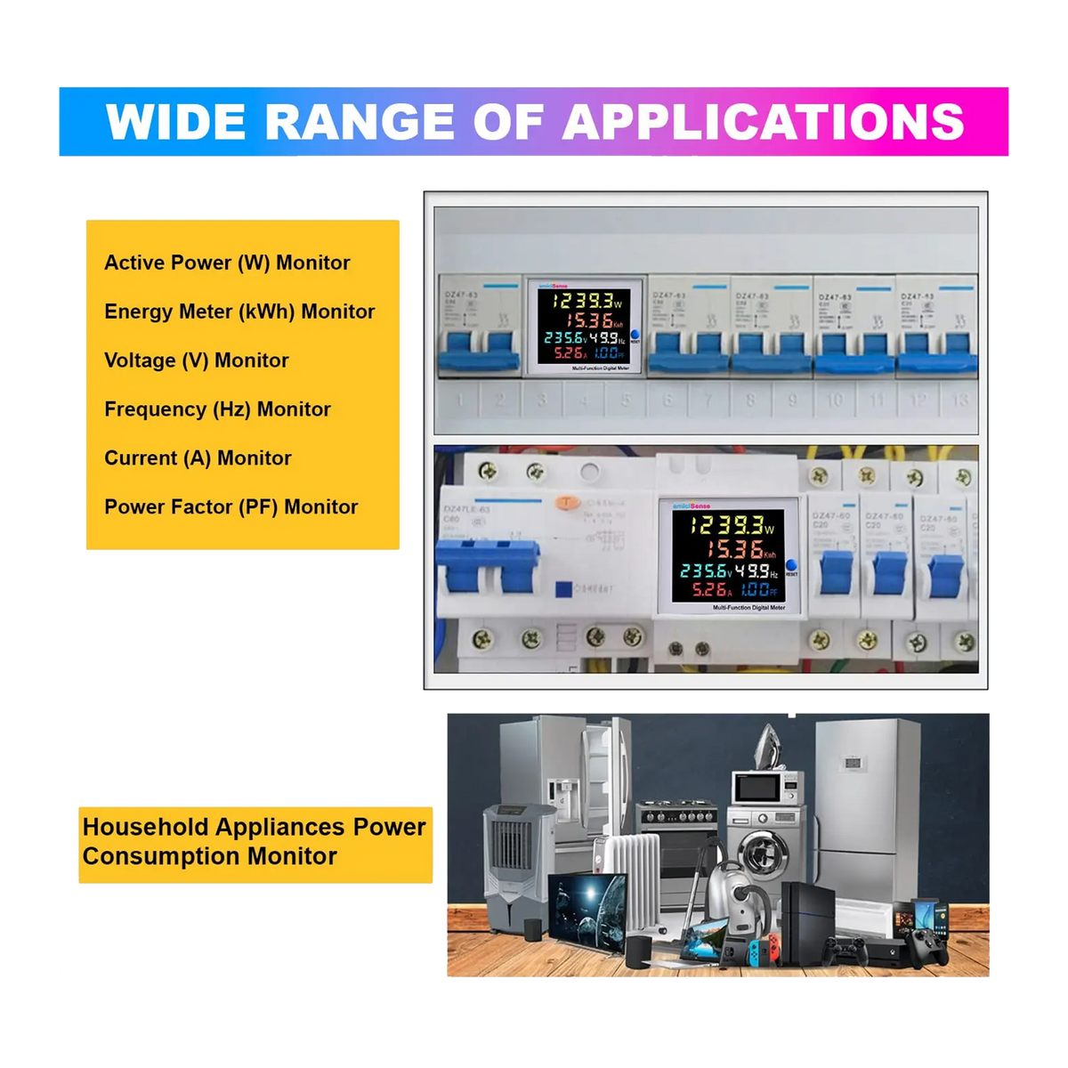 amiciSense energy meter applications and six electrical measurements