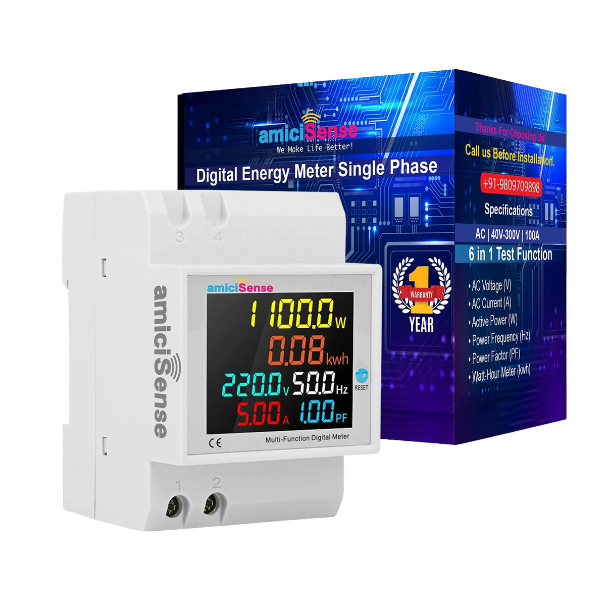 amiciSense 6-in-1 digital energy meter with packaging — AC 40–300V, 100A