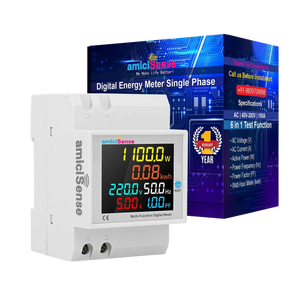 amiciSense 6-in-1 digital energy meter with packaging — AC 40–300V, 100A