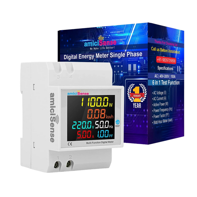 amiciSense 6-in-1 digital energy meter with packaging — AC 40–300V, 100A