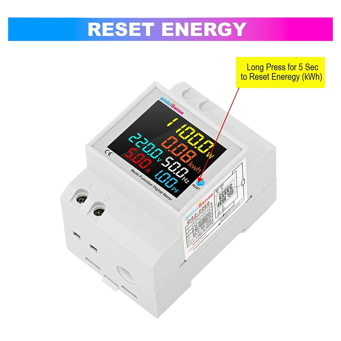 Energy meter reset instructions — long press for 5 seconds to reset accumulated energy
