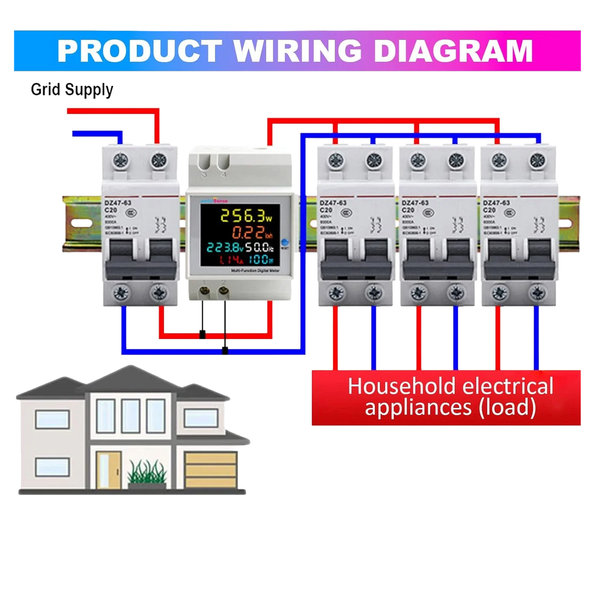 amiciSense single-phase energy meter wiring diagram