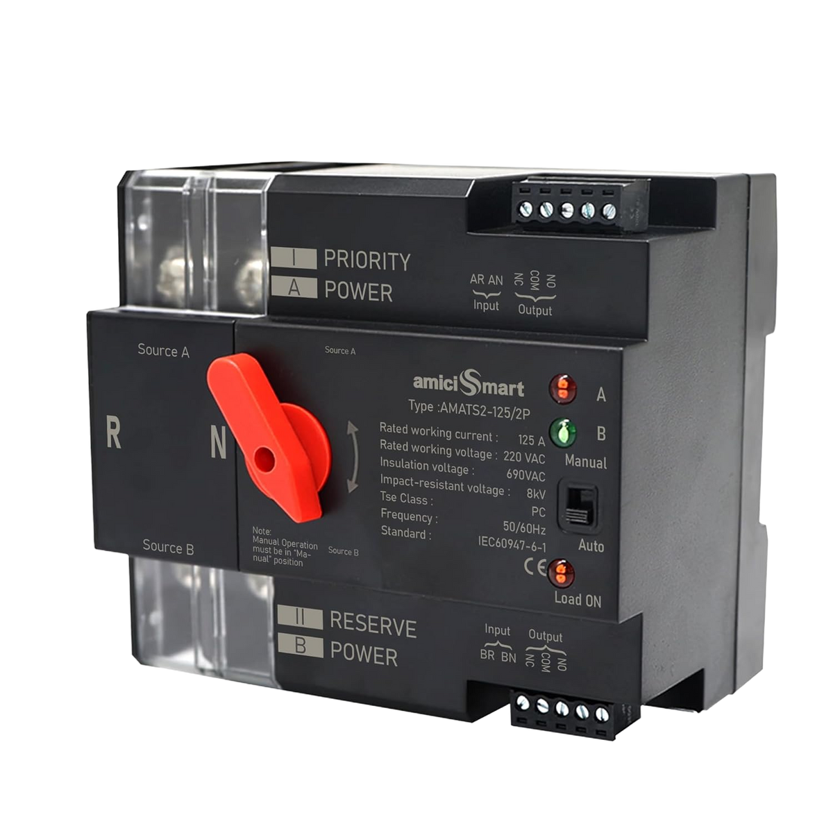 125A Automatic / Manual Transfer Switch — 220V AC · Single-phase · 2-pole