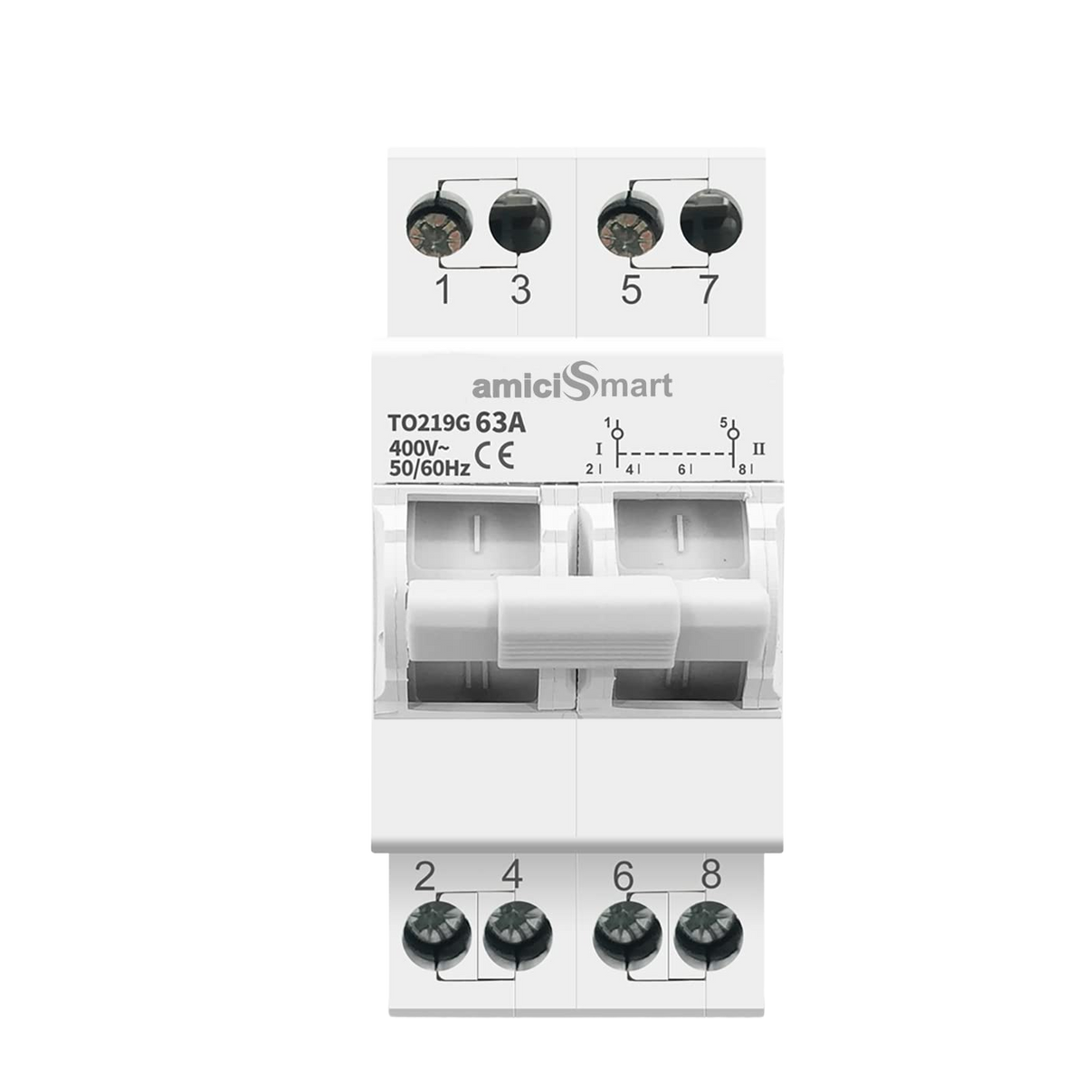 63A Manual Transfer Switch — Single-phase · 2-pole · I / OFF / II
