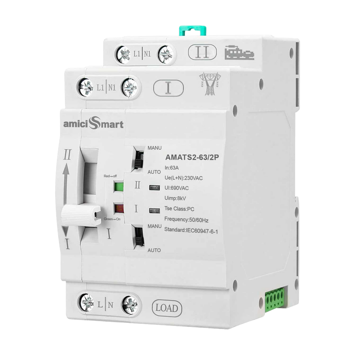 63A Automatic / Manual Transfer Switch — 230V AC · Single-phase · 2-pole