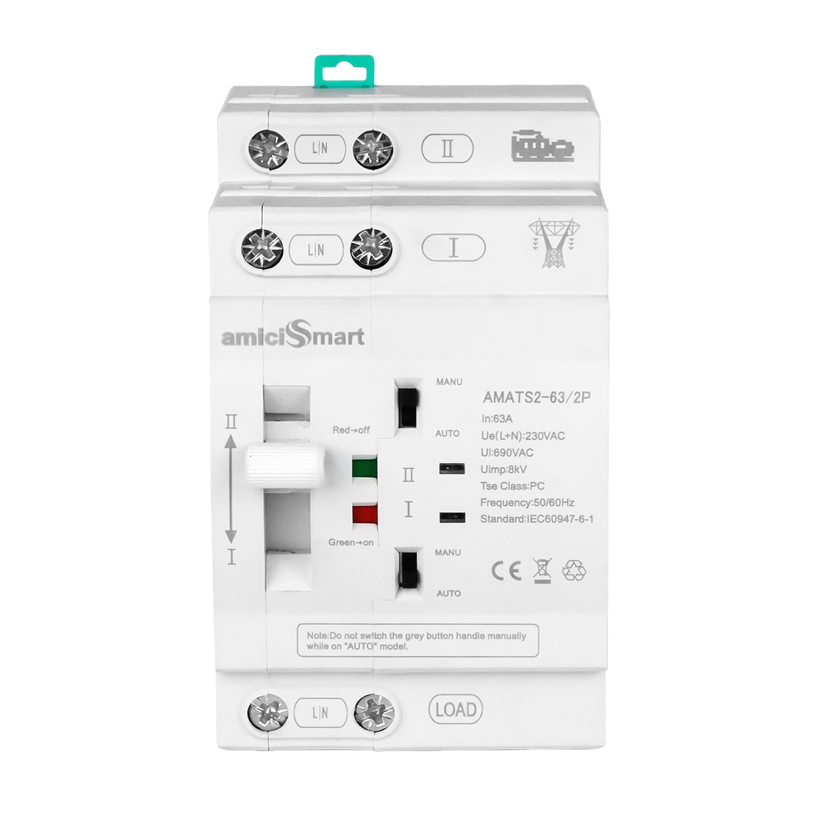 63A Automatic / Manual Transfer Switch — 230V AC · Single-phase · 2-pole — front view