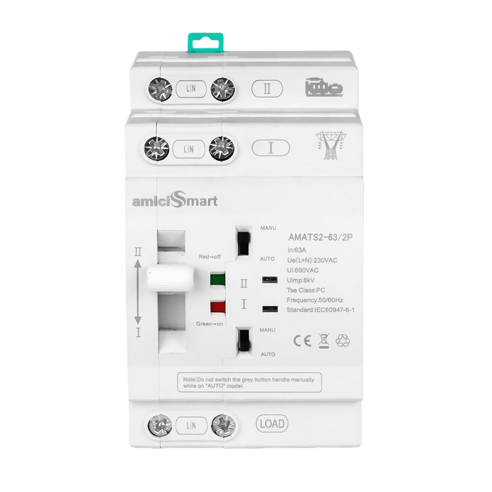 63A Automatic / Manual Transfer Switch — 230V AC · Single-phase · 2-pole — front view