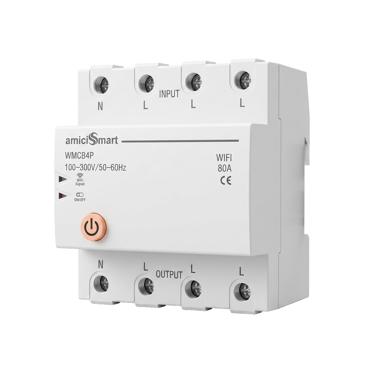 amiciSmart 80A three-phase WiFi circuit breaker — angled view