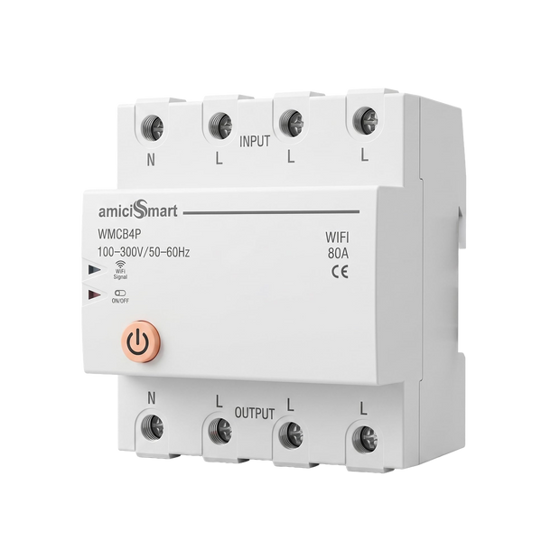 amiciSmart 80A three-phase WiFi circuit breaker — angled view