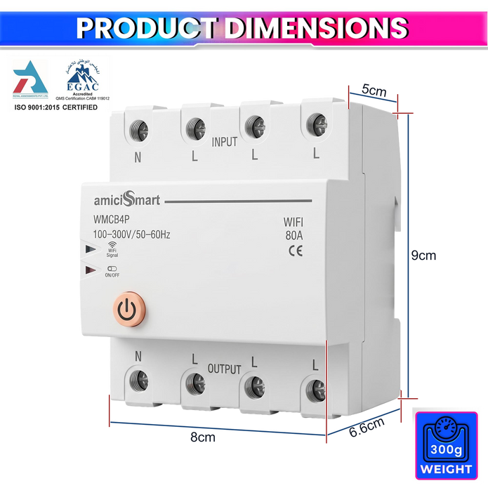 amiciSmart 80A three-phase WiFi circuit breaker — Dimensions and weight