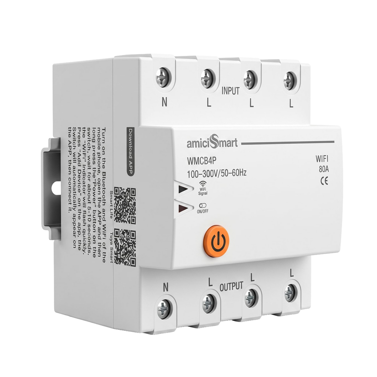 amiciSmart 80A three-phase WiFi circuit breaker — Device — side and QR labels
