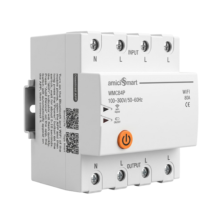 amiciSmart 80A three-phase WiFi circuit breaker — Device — side and QR labels