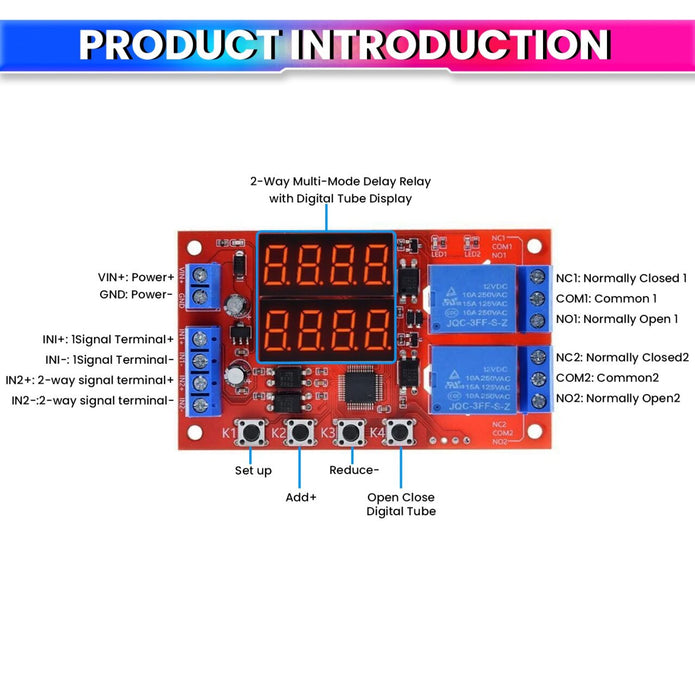 12V 10A Adjustable Time Delay Relay Module – 32 Modes Dual LED Timer Switch with Digital Display