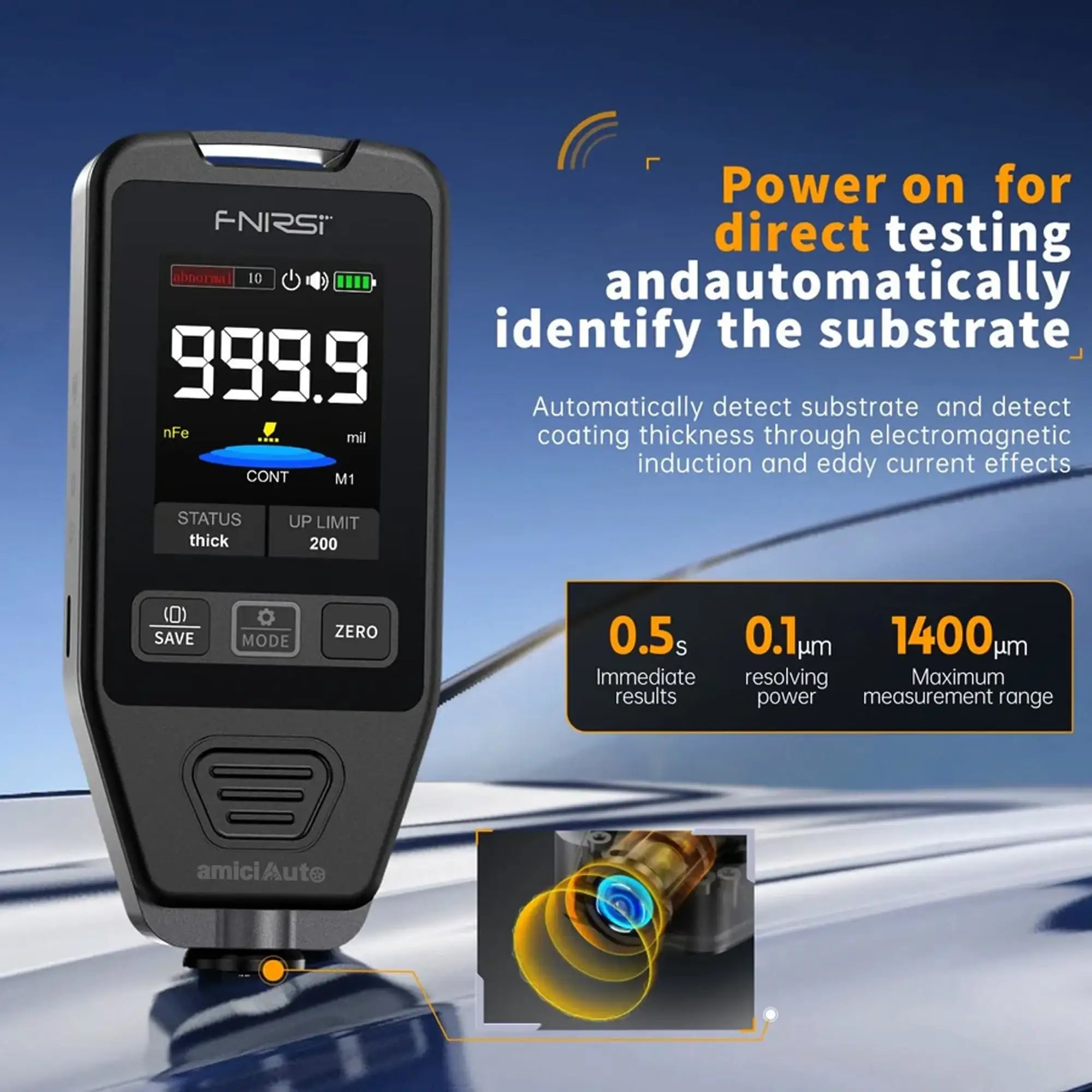 Car Paint Tester (0–1400μm) Magnetic & Non-Magnetic Coating Thickness Gauge Digital Paint Meter with Rotatable Display