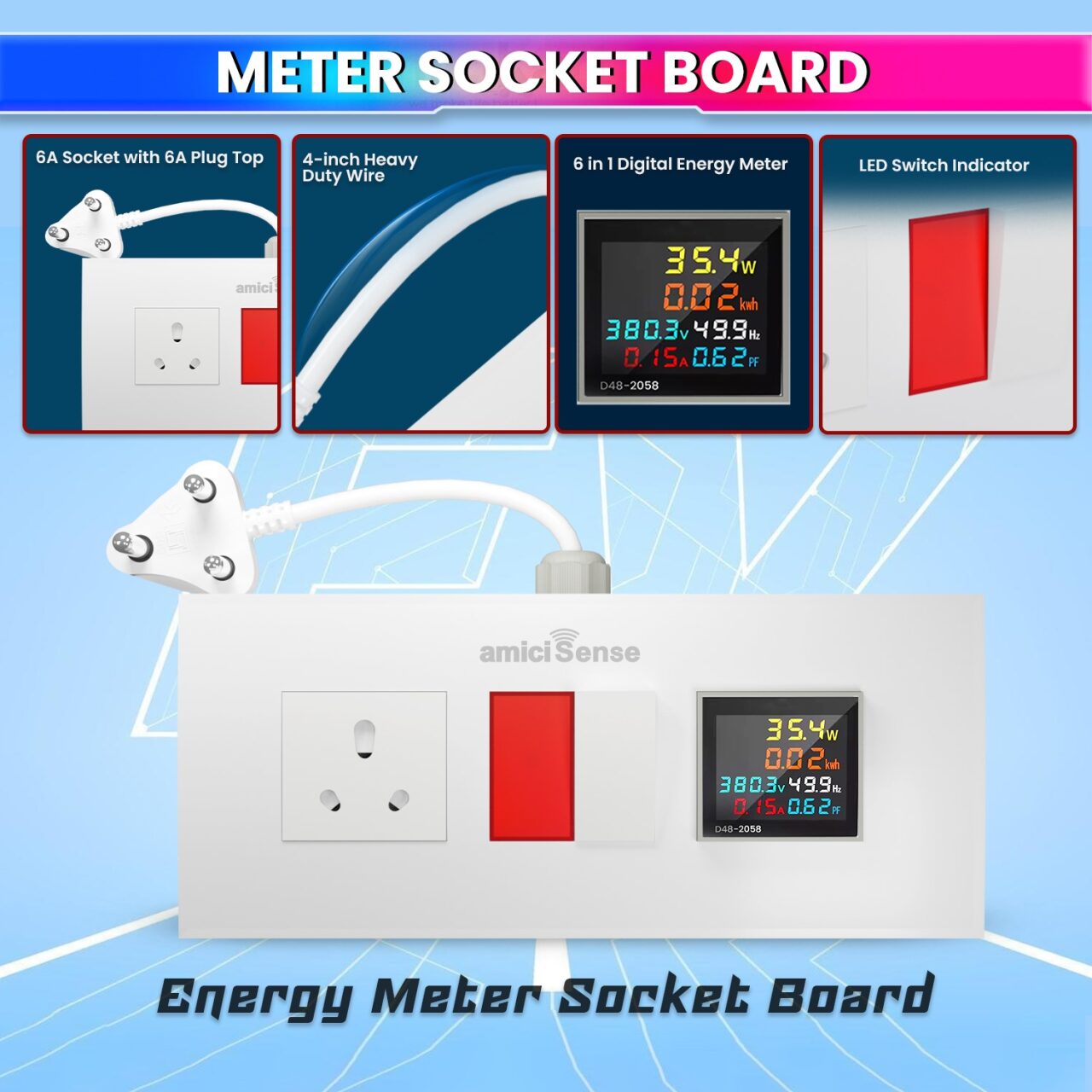 Energy Meter Socket Board with 6-in-1 Digital Voltage Monitoring 6A Socket Board with Indicator & 6A Switch with Durable 4-Inch Wire amiciKart