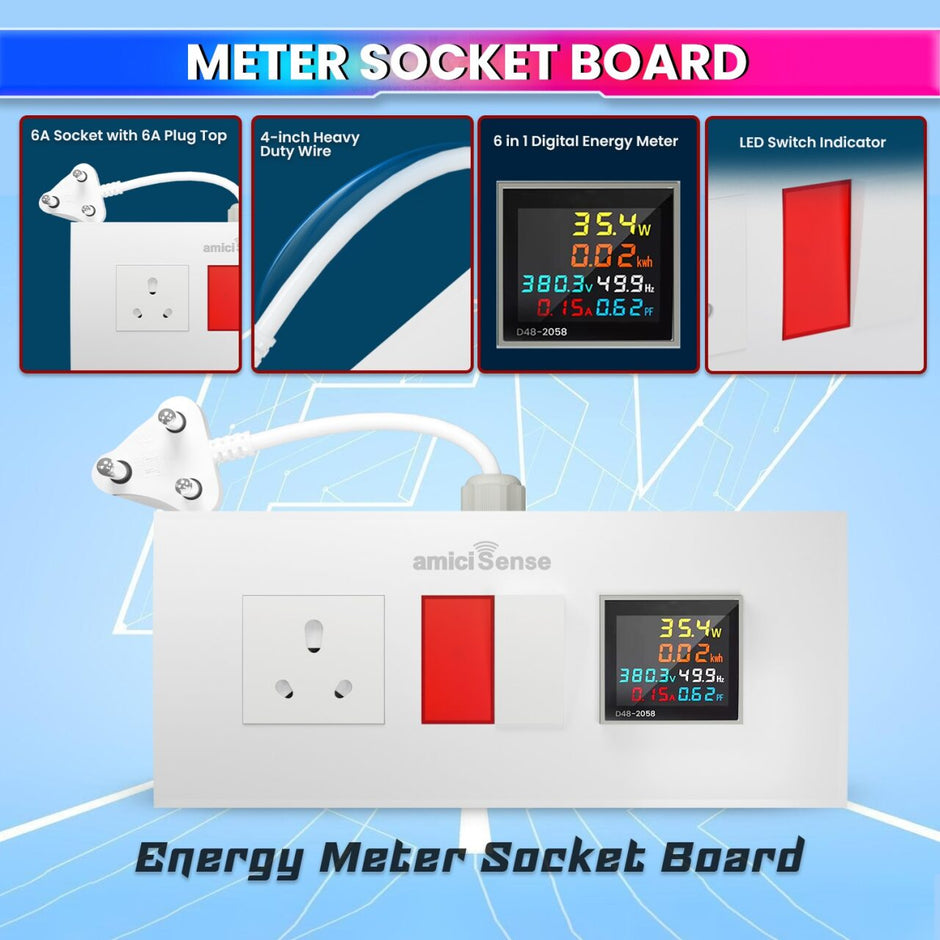 Energy Meter Socket Board with 6-in-1 Digital Voltage Monitoring 6A Socket Board with Indicator & 6A Switch with Durable 4-Inch Wire amiciKart
