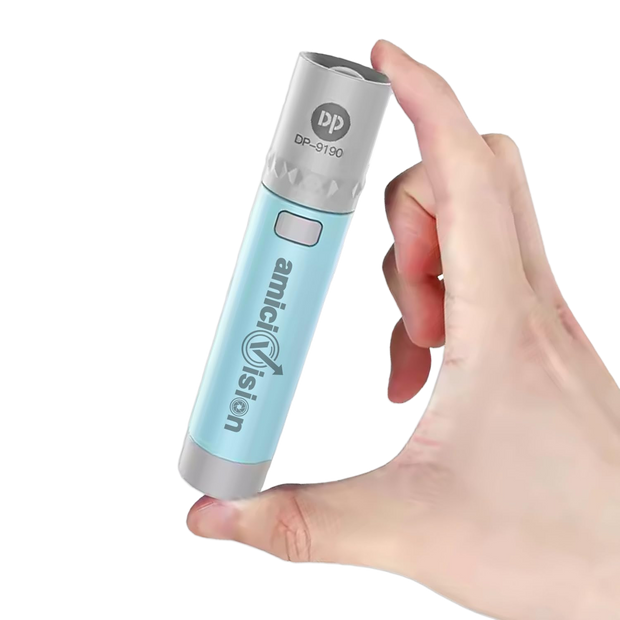 Blue mini rechargeable torch held in hand