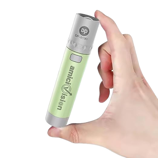 Light-green mini rechargeable torch held in hand