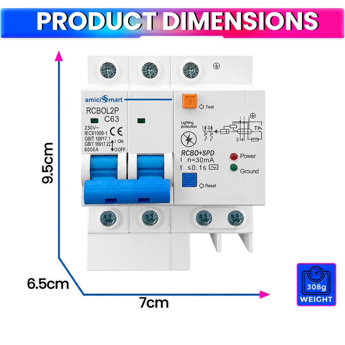 RCBO dimensions 9.5 by 7 by 6.5 cm and 308g