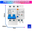 RCBO dimensions 9.5 by 7 by 6.5 cm and 308g