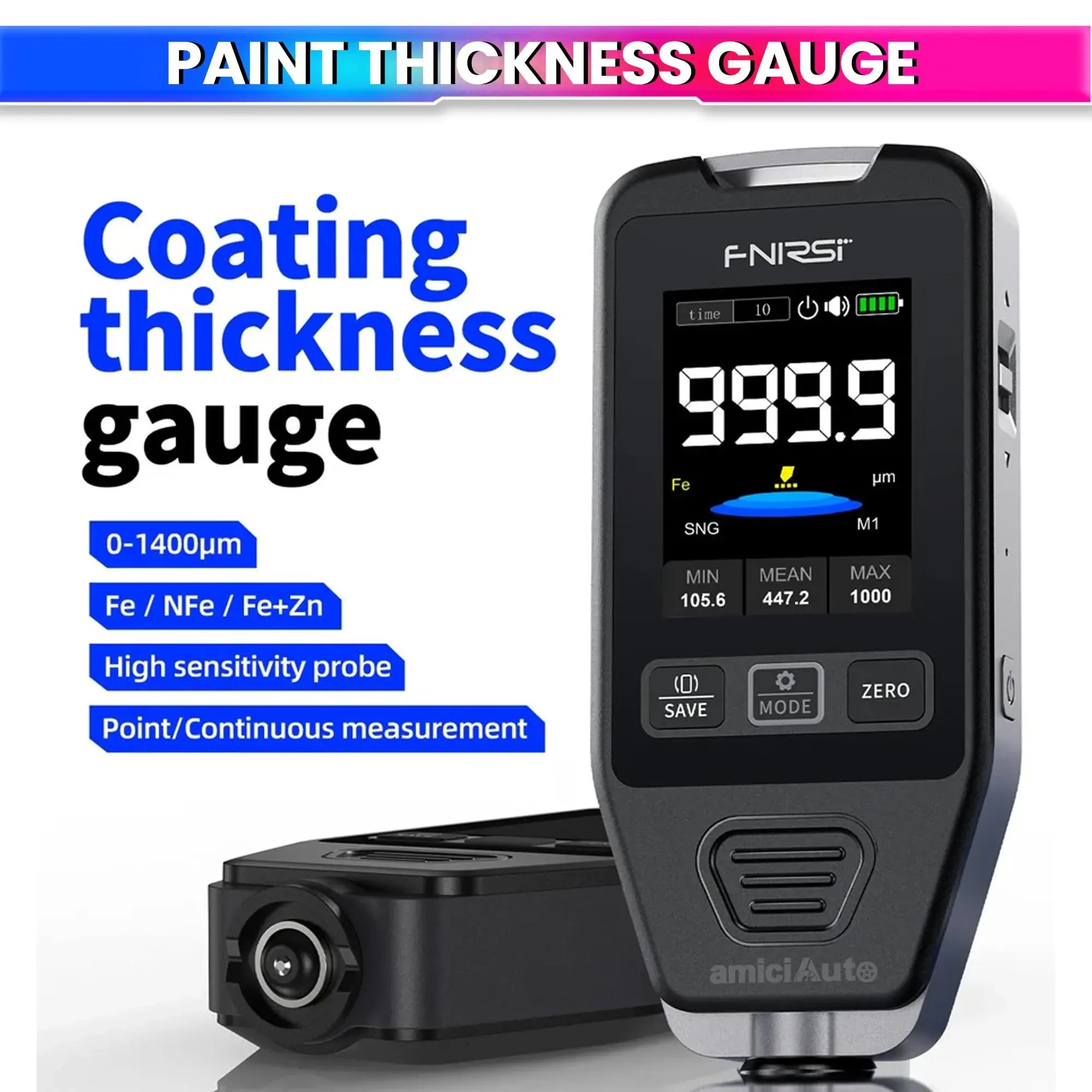 Car Paint Tester (0–1400μm) Magnetic & Non-Magnetic Coating Thickness Gauge Digital Paint Meter with Rotatable Display