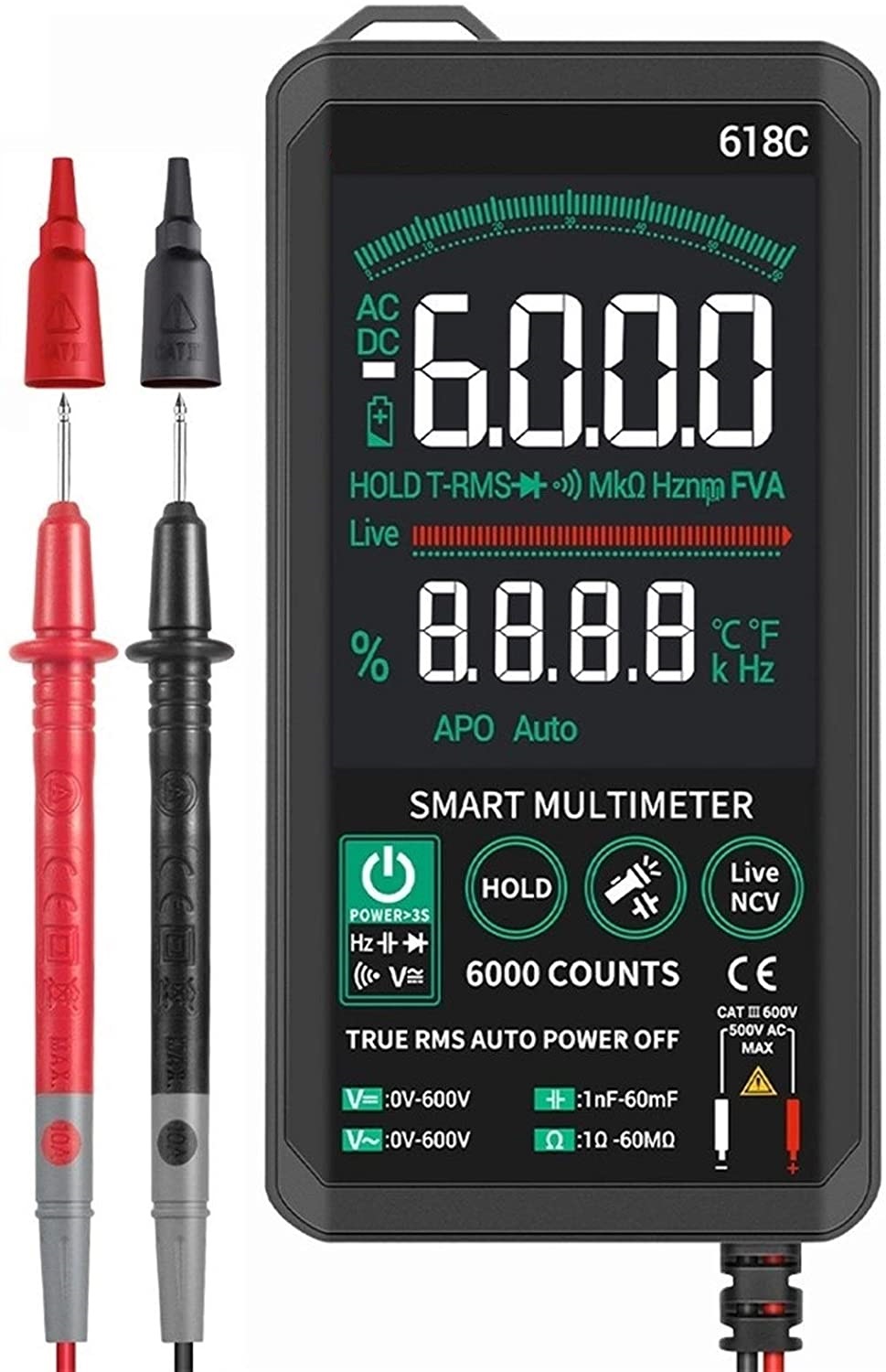 618C Digital Multimeter Auto-Ranging 4.7” LCD Touch Color Display Intelligent TRMS Handheld Multimeter AC/DC Voltage Resistance Frequency Capacitance Meter Diode with NCV, Flashlight and 2xAAA Battery