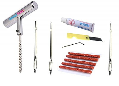 Professional Grade Tubeless Tyre Puncture Repair Kit with Solid Metal Handle and Extra Needles Tool