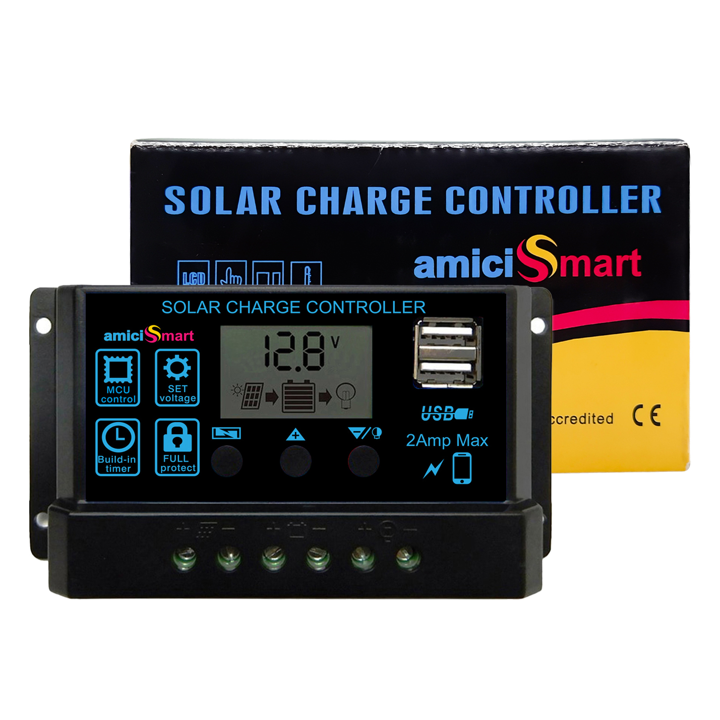 amiciSmart Solar Charger Controller 10A/20A/30A Solar Panel Battery Intelligent Regulator LCD Display with USB Port 12V/24V