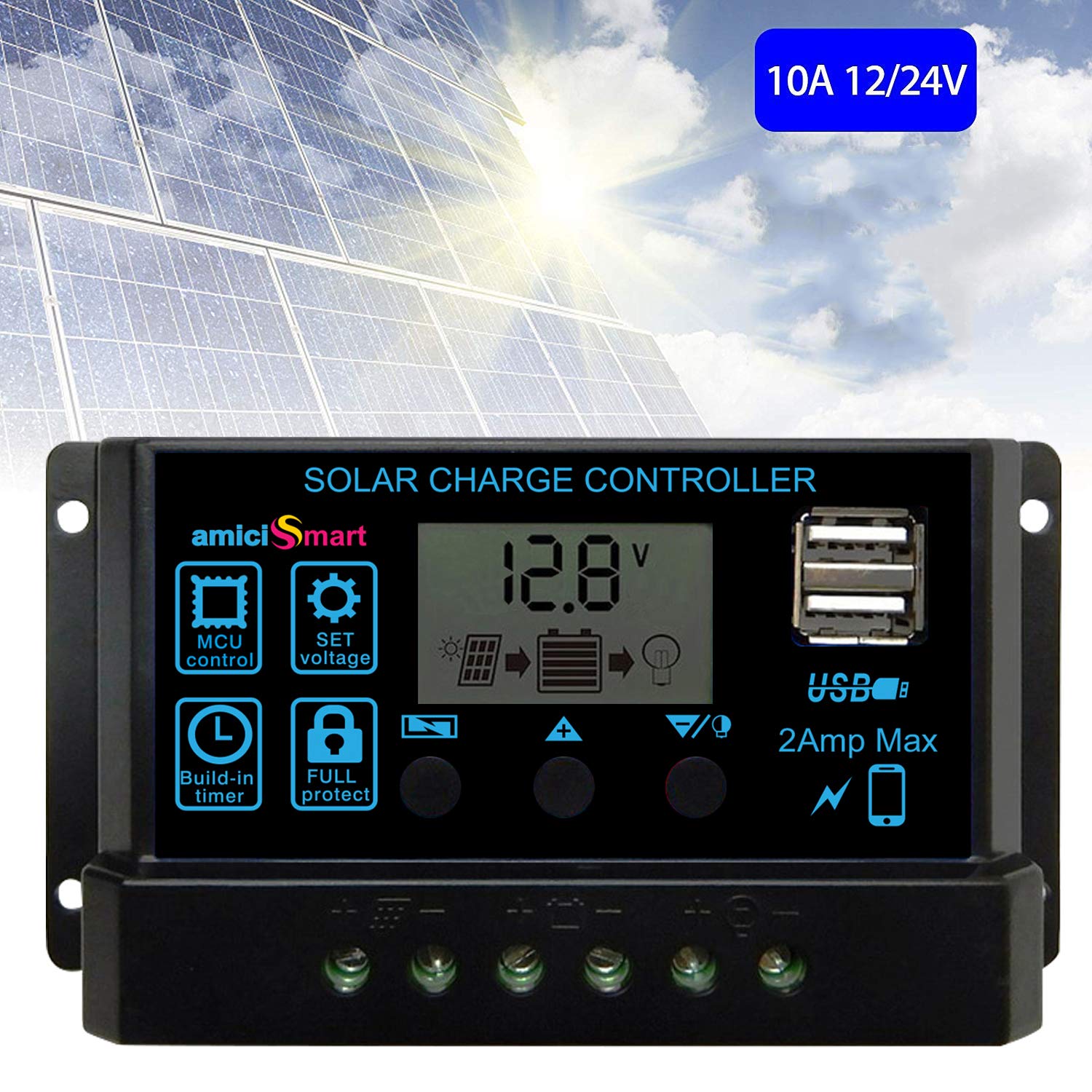 amiciSmart Solar Charger Controller 10A/20A/30A Solar Panel Battery Intelligent Regulator LCD Display with USB Port 12V/24V