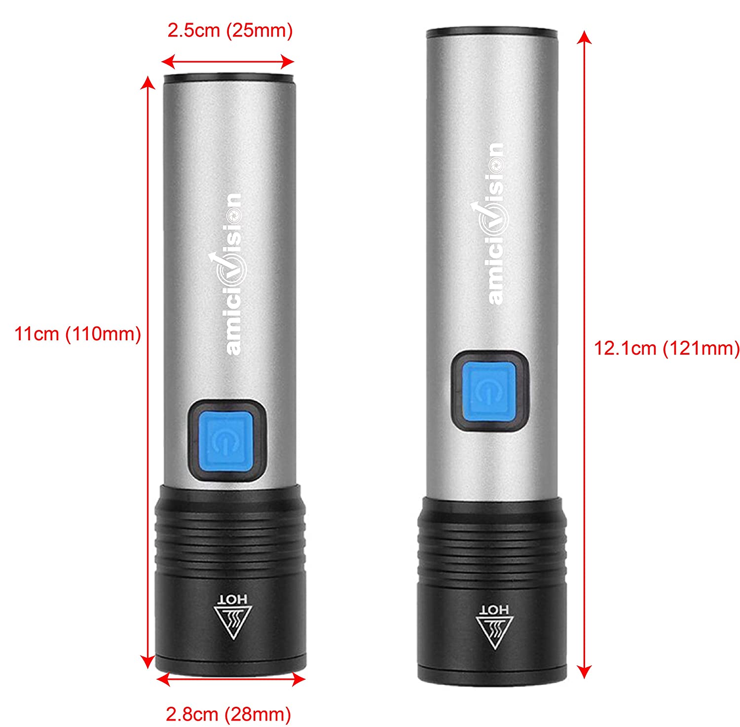 amiciVision USB-Rechargeable LED Flashlight T6 LED, 4 Modes Zoom-able Powerful Torch with Built-in Battery and Cycle Mount