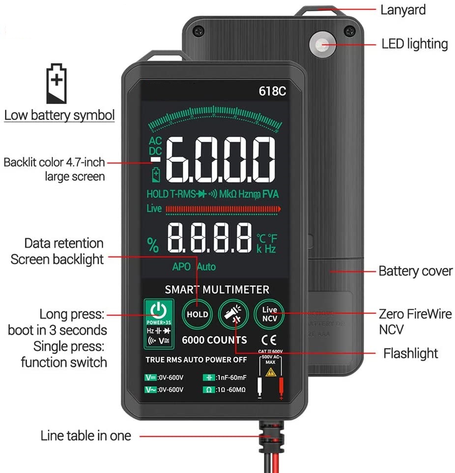618C Digital Multimeter Auto-Ranging 4.7” LCD Touch Color Display Intelligent TRMS Handheld Multimeter AC/DC Voltage Resistance Frequency Capacitance Meter Diode with NCV, Flashlight and 2xAAA Battery