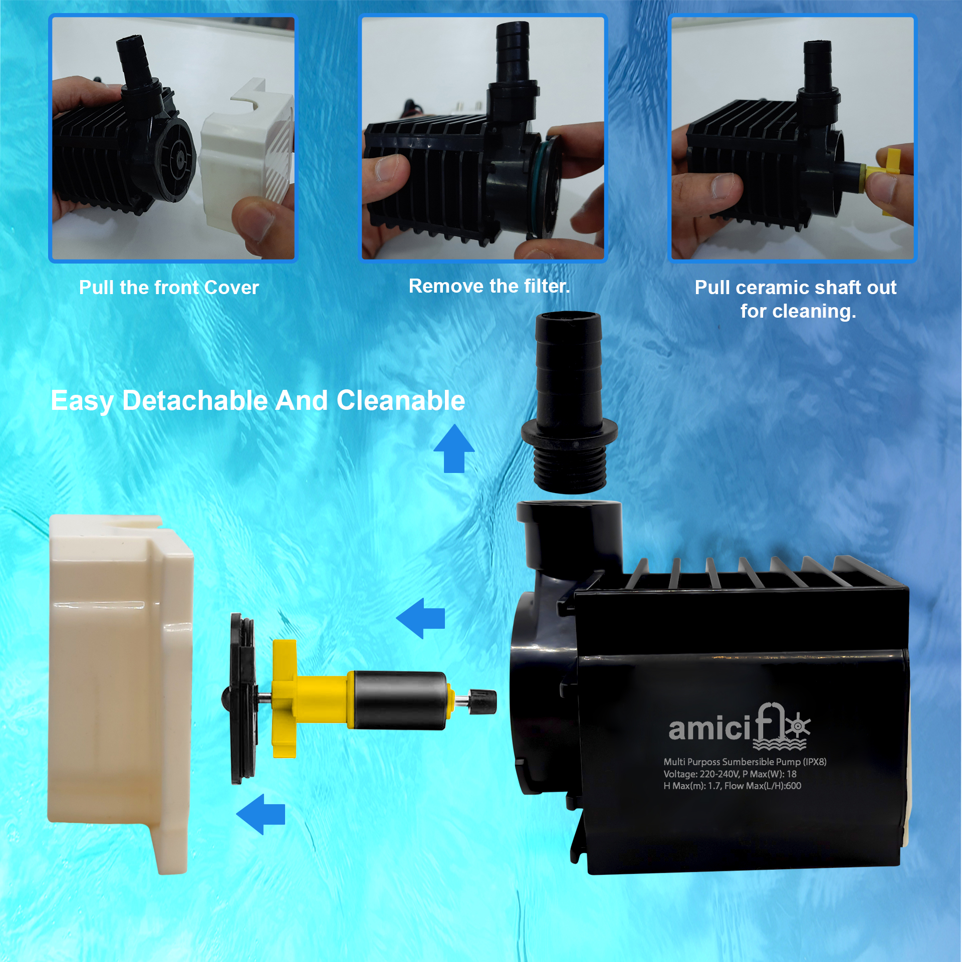 18W Submersible Pump for Desert Air Cooler, Aquarium, Fountains with 1.7m Lift and 600L/H Flow Rate