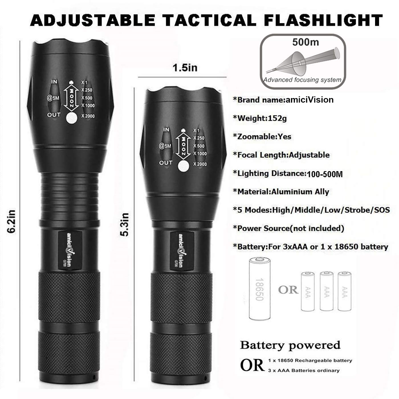 G700 Metal LED Torch Flashlight , XML T6 Water Resistance With Adjustable Focus Without Battery