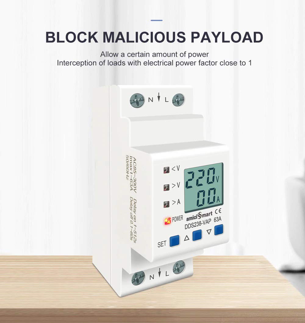 Over/Under Voltage, Over Current/Load Protection, Digital Energy Meter With LCD Display, 63A, 230V and DIN Rail Mounted