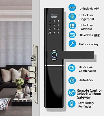 Multi-Access Touchless Smart Door Lock Alexa Compatible Intelligent Biometric Fingerprint App Controlled Password Smart Card with Mechanical Key and 4xAA Batteries (Black)