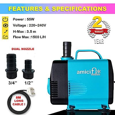 55W Submersible Water Pump with Adjustable Flow Rate, Pure Copper Winding Motor with 2* Nozzles 2m Long Power Cord for DIY Fountains Aquarium (1500LPH, 3.5m) with 8 metre wire