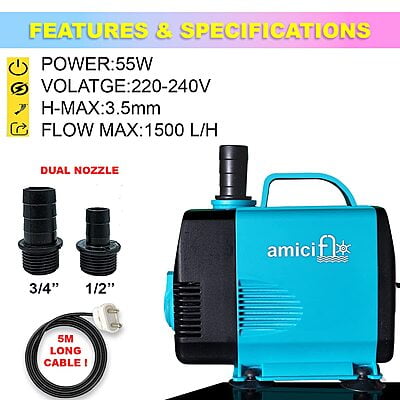 amiciTools 55W Submersible Water Pump with Adjustable Flow Rate, Pure Copper Winding Motor with 2* Nozzles 2m Long Power Cord for DIY Fountains Aquarium (1500LPH, 3.5m) with 5 metre wire